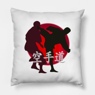 Silhouette of a Karate Fight, Japanese Flag in Background Pillow