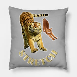 Stretch exercise by a tiger and a cat - gold text Pillow