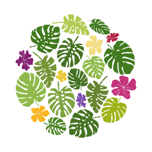 Monstera leaves and tropical flowers in green, yellow, purple, and pink T-Shirt