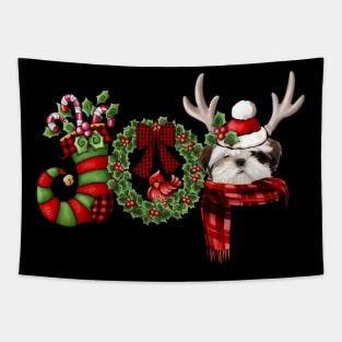 Christmas Joy Dwarf Stocking Reindeer White Shih Tzu Tapestry