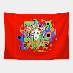 techno monster in woman mask in the robot warfare ecopop art Tapestry