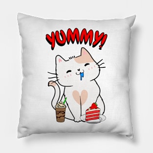 Cute white cat is having coffee and cake Pillow