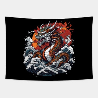 Dragon against the backdrop of a setting sun bathed in ocean waves Tapestry