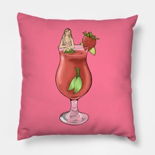 Strawberry Daiquiri Mermaid Cocktail Illustration Pillow