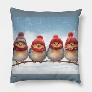 Four Cute Robins in Hats and Scarves on a Branch Pillow