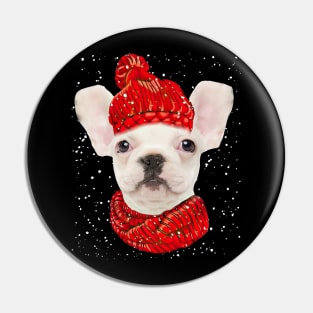 White French Bulldog Wearing Red Hat And Scarf Christmas Pin