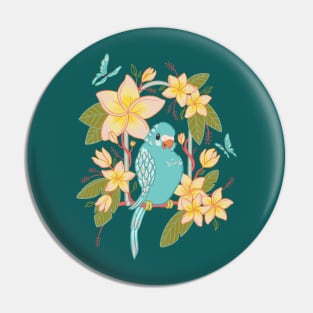 Tropical Budgie and Frangipani Flowers Pin