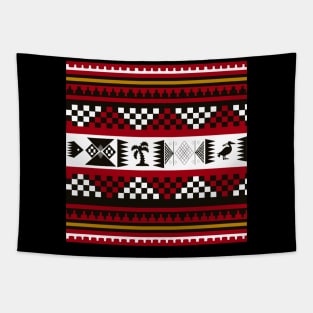 Harmony of Contrast: Red, Black, and White Checkerboard Fabric Pattern with Natural Accents Tapestry