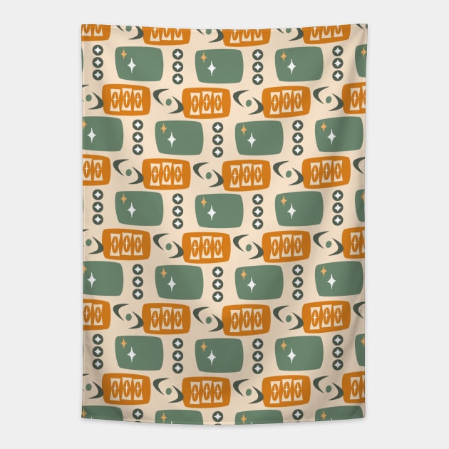 Atomic Age MCM Pattern in Green, Orange, Cream Tapestry by tramasdesign