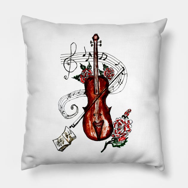 Brown Violin with Notes Pillow by AnnArtshock