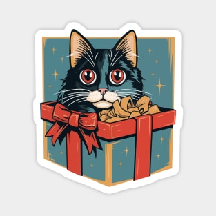 Vintage charm - adorable kitten peeking out of a holiday gift box, nostalgic design illustration for Christmas fun. Magnet