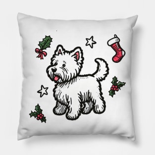 Westie Christmas Design - West Highland Terrier - Cartoon Dog Holiday Drawing Pillow