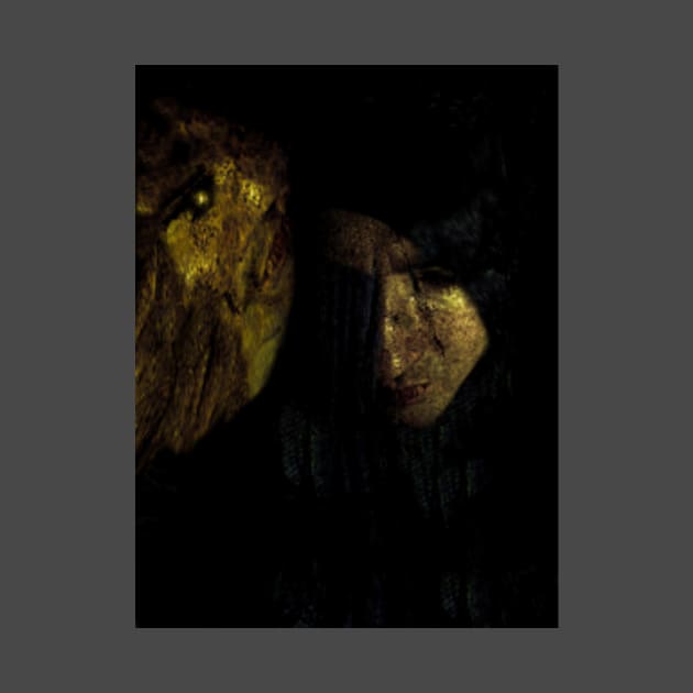 Portrait, collage, special processing. Man, dark costume, long hair, looking down. On left demon of gold. Gold. by 234TeeUser234