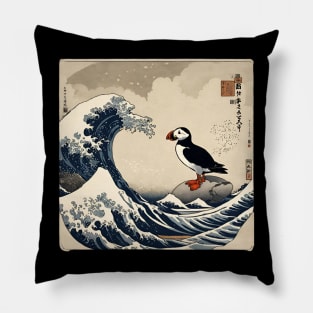 Vintage Funny Puffin Bird Surfing in The Great Wave Pillow