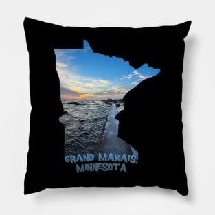 Minnesota State Outline - Grand Marais Sunset Pillow