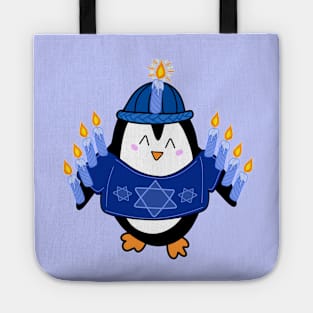 Cute Hanukkah Penguin Dressed as a Menorah on a Periwinkle Backdrop, made by EndlessEmporium Tote