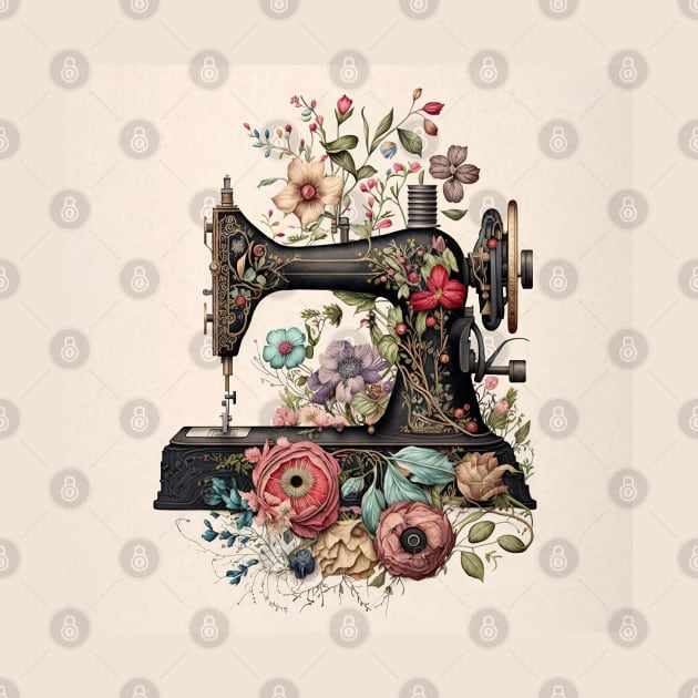 Vintage Sewing Machine with Flowers - No.2 by theprintculturecollective