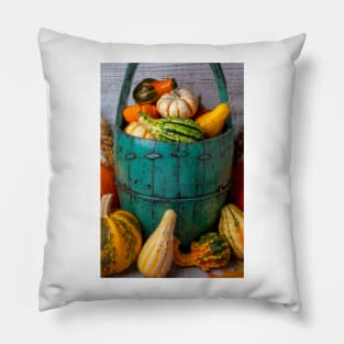 Green Bucket Full Of Autumn Pumpkins And Gourds Pillow