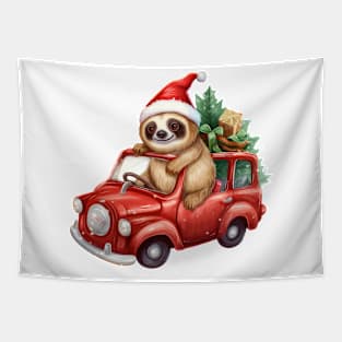 Christmas Sloth Driving Car Tapestry