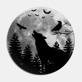 Wild Howling Wolf in the forest with raven eagle and bat Pin