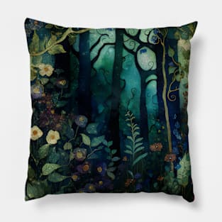 Watercolor Forest, Woodland Landscape Pillow