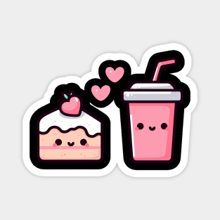 Kawaii Style Strawberry Cake and Milkshake in Love | Design for Kawaii Food Lovers Magnet