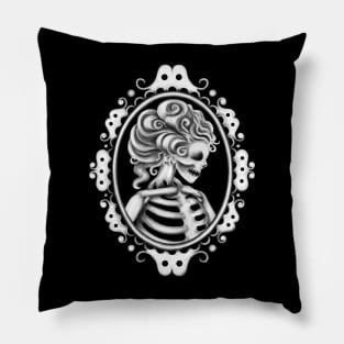 White Skeleton Girl in Frame Cameo Pillow