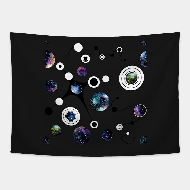Watercolor Deep Space in Circles and Black Curve Lines Tapestry by Cordata