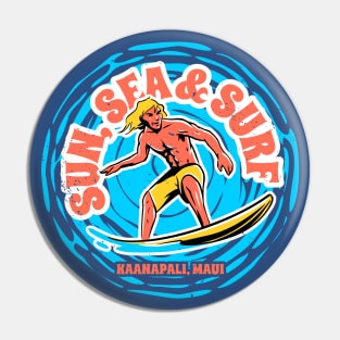Vintage Sun, Sea & Surf Kaanapali Maui Hawaii // Retro Surfing // Surfer Catching Waves Pin