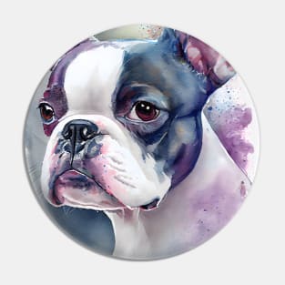 Adorable Boston Terrier Dog Watercolor with Blue and Purple Accents Pin