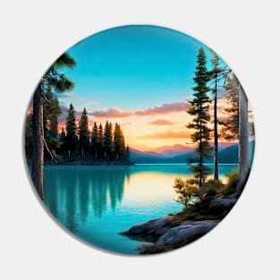 Serene Pine Tree Lake Sunset Pin