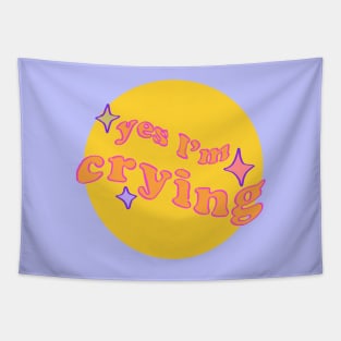 wavy funky yes I'm crying text with sparkles / round yellow bg Tapestry