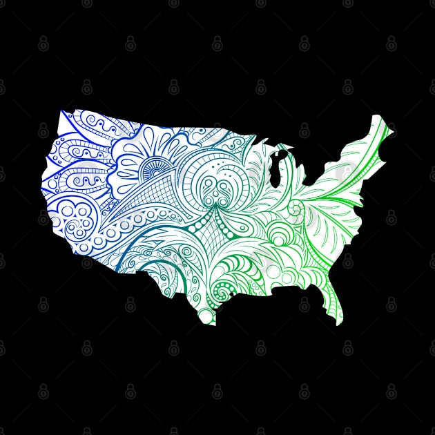 Colorful mandala art map of the United States of America in blue and green on white background by Happy Citizen