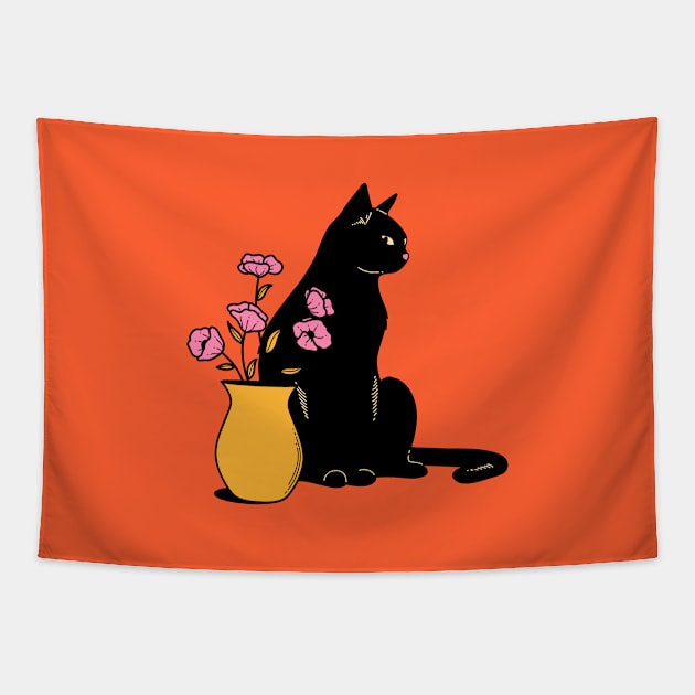 Playful Black Cat in orange Tapestry by The Charcoal Cat Co.