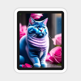 British Shorthair Poses with Pink Roses Magnet