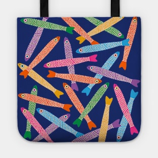 ANCHOVIES Bright Graphic Fun Groovy Fish in Rainbow Colors on Royal Blue - Tossed Layout - UnBlink Studio by Jackie Tahara Tote