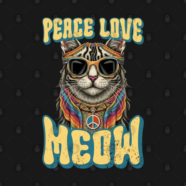 Peace Love Meow, Retro Groovy Style Hippie Cat Lover Design by PugSwagClothing