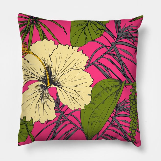 Tropical exotic flowers and leaves Pillow by Olga Berlet