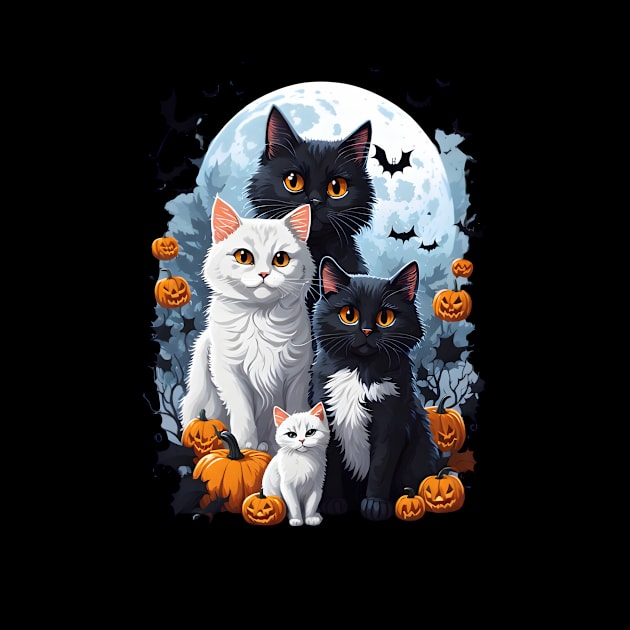 "Harmonious Halloween: Cat Lovers Under the Big Full Moon with Black and White Couple Cats" by Ratchyshop