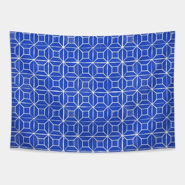 Geometric Lino - Cobalt blue Tapestry by crumpetsandcrabsticks