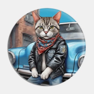 cute street Cat wearing a leather jacket standing by his car Pin