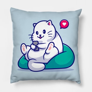 Cute Cat Sitting Playing Phone Cartoon Pillow