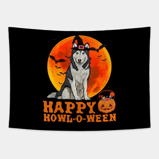 Funny Siberian Husky Dog Halloween Happy Howl-o-ween Tapestry by JaydeMargulies