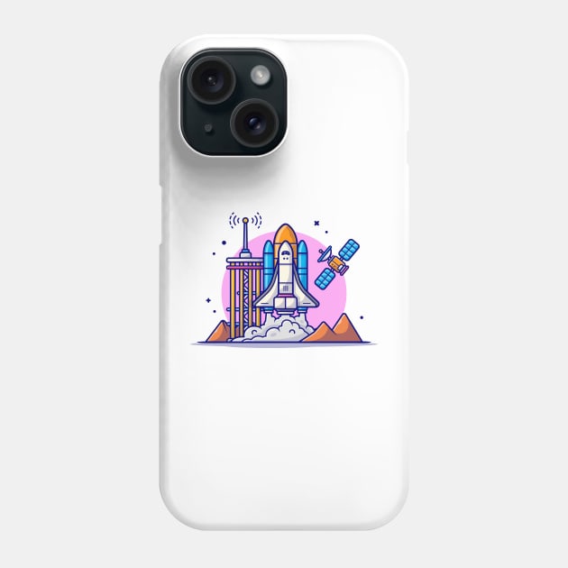 Space Shuttle Taking Off with Tower, Satellite and Mountain Cartoon Vector Icon Illustration Phone Case by Catalyst Labs