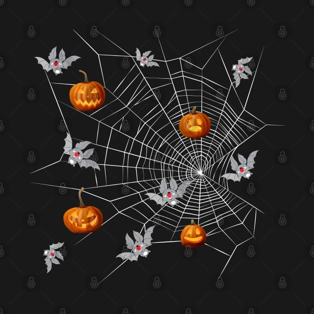 Pumpkins and bats in a spider net by CatCoconut-Art