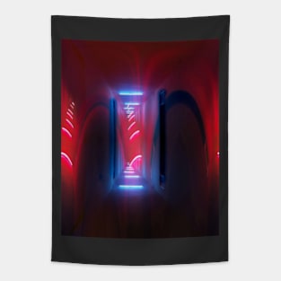 Digital collage and special processing. Sci-fi and mystic. Corridor. Red lights. Tapestry