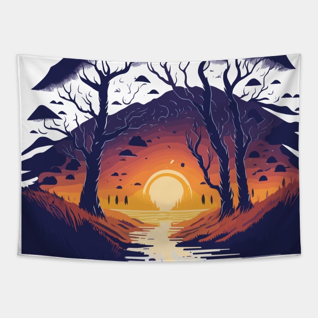 Sunset in the forest. Tapestry by webbygfx