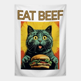 Retro Vintage Cat - Eat Beef Design | Quirky Feline Art Tapestry