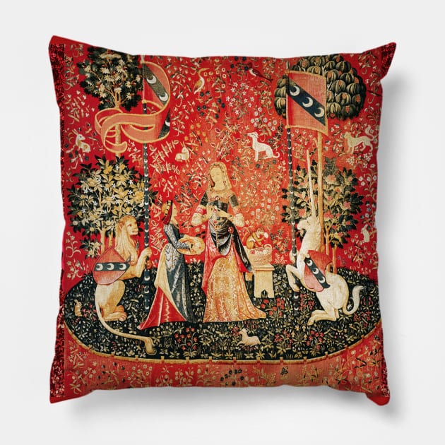 LADY AND UNICORN ,SMELL ,Lion,Fantasy Flowers,Animals Red Green Floral Pillow by BulganLumini