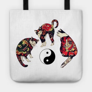 THREE JAPANESE CATS WITH  DRAGON,RED DEVIL TATTOOS AND YIN YANG SYMBOL Tote